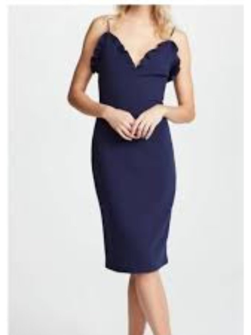 BLACK HALO Size 8 Blue ruffle vneck Dress Biscayne medium midi knee length